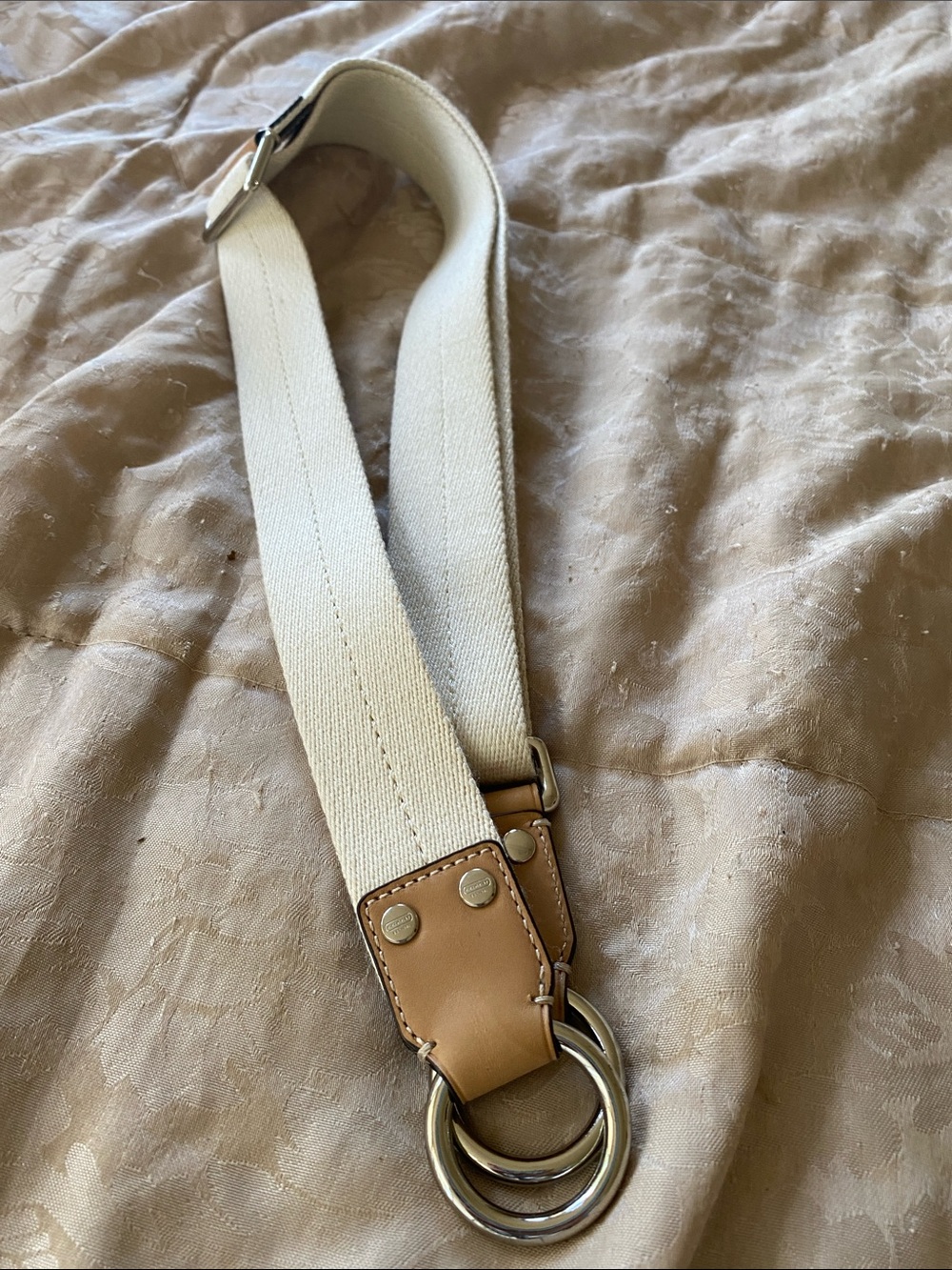 Coach Women's Cream Canvas and Tan Leather Replacement Strap with Silver Rings